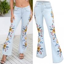 Street Fashion Floral Emboridery Wide-leg Denim Jeans