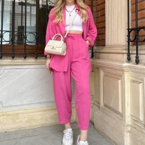 Casual 2 Piece Outfit Set  Loose Button Up Shirt with High Waist Cropped Pants