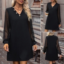 Fashion Gauze Spliced Long Sleeve Buttoned V-neck Loose Dress