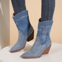 Blue Rhinestone Pointed Toe Western Cowboy Boots Thick Heel Babes Rodeo Knee High Boot