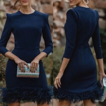 Elegant Solid Color Round Neck Long Sleeve Artificial Fur Spliced Bodycon Dress
