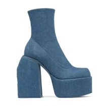 Womens Denim Square Toe Platform Waterproof High Heel Thick Sole Ankle Boots