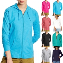 Casual Solid Color Long Sleeve Drawstring Hooded Zipper Sweatshirt