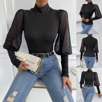 Fashion Mock Neck Gauze Spliced Long Sleeve Shirt