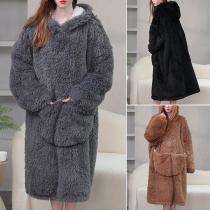 Fashion Long Sleeve Hooded Front-pocket Faux Lamb Wool Lined Plushed Loose TV Blanket Hoodied