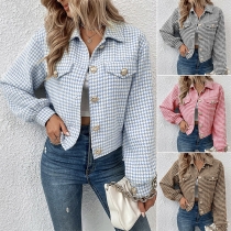 Fashion Houndstooth Pattern Stand Collar Long Sleeve Crop Jacket