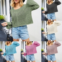 Street Fashion Round Neck Long Sleeve Mesh Knit Loose Crop Sweater