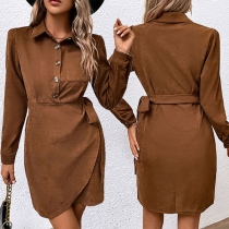 Fashion Stand Collar Buttoned Long Sleeve Self-tie Corduroy Dress