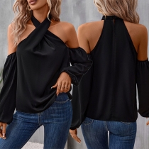 Sexy Halter-neck Open-shoulder Long Sleeve Shirt