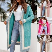 Fashion Contrast Color Long Sleeve Hooded Knitted Cardigan