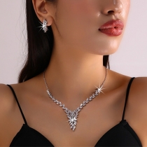 Bling Rhinestone Leaf Shape Pendant Necklace and Earring Set-Jewelry Set