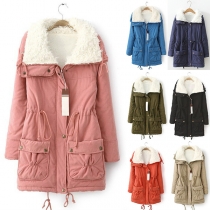 Fashion Imitation Sherpa Lined Long Sleeve Patc Pockets Drawstring Cotton Coat