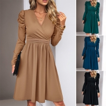 Elegant Solid Color V-neck Long Sleeve High Waist Mini Dress