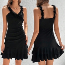 Elegant Lace Spliced V-neck Ruffled Mini Black Dress