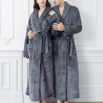 Comfy Solid Color Flannel Self-tie Loungewear Robe Nightgown for Couple
