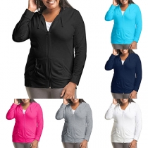 Casual Solid Color Long Sleeve Drawstring Plus-size Hooded Shirt