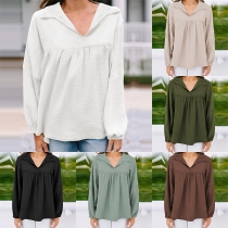Casual Solid Color V-neck Long Sleeve Loose Shirt
