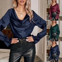 Elegant Solid Color Draped Neck Long Sleeve Satin Shirt