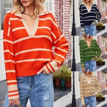 Fashion Contrast Color Stripe Long Sleeve V-neck Knitted Sweater