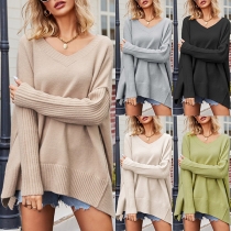 Casual Solid Color V-neck Long Sleeve Knitted Pullover Sweater