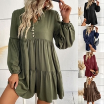 Casual Solid Color Buttoned V-neck Long Sleeve Tiered Mini Dress