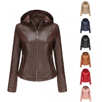 Street Fashion Long Sleeve Zipper Detachable Hooded Artificial Leather PU Jacket