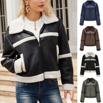 Street Fashion Contrast Color Plushed Lined Long Sleeve Suede Crop Jacket