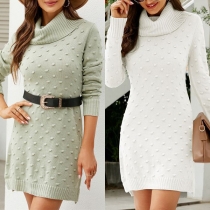 Fashion Solid Color Swiss-dot Turtleneck Long Sleeve Knitted Sweater Dress