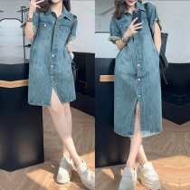 Womens Denim Skirt Dress  Casual Retro Style with Short Sleeves  Available in Long and Short Lengths