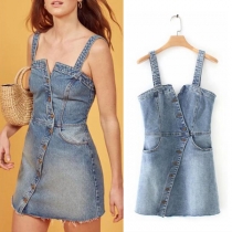 Oblique Button Denim Skirt with Wrapped Chest and Slim Suspender Straps