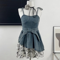 Double Layer Denim Button Down Dress with Skinny Suspender Straps
