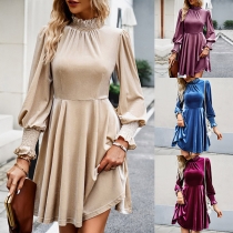 Elegant Solid Color Smocked Mocked Neck Long Sleeve Mini Dress
