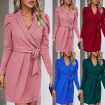 Elegant Solid Color Lapel  Long Sleeve Self-tie Mini Dress