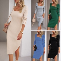 Fashion Solid Color Squared Neck Long Sleeve Slit Ribbed Bodycon Dress