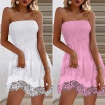 Sexy Solid Color Smocked Strapless Lace Spliced Mini Dress