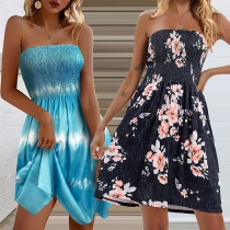 Sexy Floral Printed Smocked Strapless Mini Dress