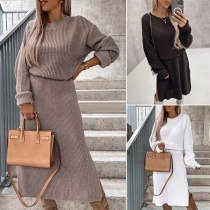 Fashion Solid Color Round Neck Long Sleeve Knitted Sweater Dress