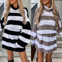 Street Fashion Contrast Color Striped Turtleneck Long Sleeve Knitted Dress