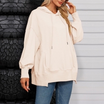 Fashion Solid Color Long Sleeve High-low Hemline Drawstring Hoodied Sweatshirt