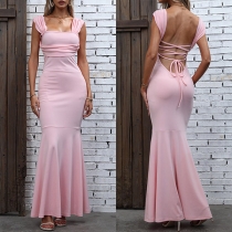 Sexy Solid Color Cross-criss Backless Fishtail Maxi Party Dress