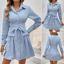 Street Fashion Vertical Striped Stand Collar Long Sleeve Self-tie Shirt Dress
