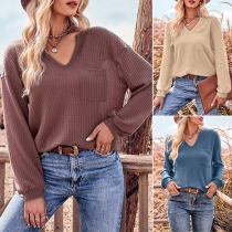 Fashion Solid Color V-neck Long Sleeve Shirt