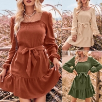 Fashion Solid Color U-neck Long Sleeve Self-tie Mini Dress