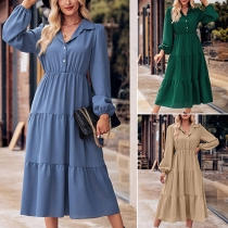 Fashion Solid Color Stand Collar Long Sleeve Buttoned V-neck Dress