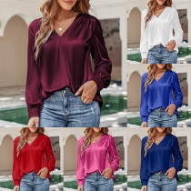 Fashion Solid Color Sleeve-tab V-neck  Satin Shirt(Size Run Small）