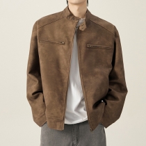 Street Fashion Stand Collar Long Sleeve Zipper Suede Jacket for Men