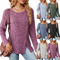 Fashion Round Neck Long Sleeve Buttoned Slit Knitted Shirt