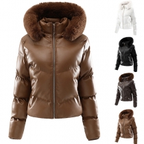Fashion Stand Collar Long Sleeve Quilted Artificial Fur Spliced Hoodie Artificial Leather PU Coat