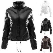 Fashion Stand Collar Long Sleeve Drawstring Quilted Padded Artificial Leather PU Coat