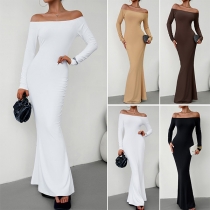 Elegant Sexy Solid Color Off-the-shoulder Long Sleeve Bodycon Maxi Dress